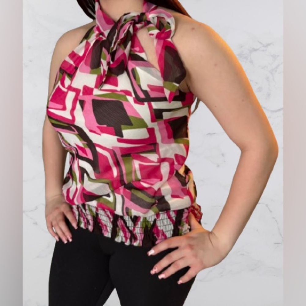 Y2K Geometric Pink and Green Sleeveless Blouse size M